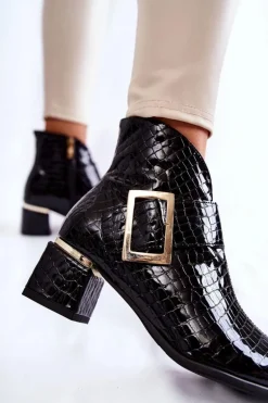 Skórzane Botki Krokodyli Wzór Na Suwak Czarne Briana