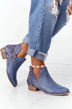 Skórzane Botki Maciejka Granatowe Z Kwiatami 04091-64