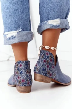 Skórzane Botki Maciejka Granatowe Z Kwiatami 04091-64