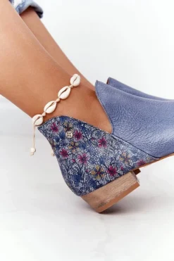 Skórzane Botki Maciejka Granatowe Z Kwiatami 04091-64