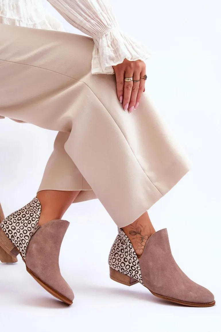 Skórzane Botki Maciejka Z Cętkami 04091-55 Ciemnobeżowe