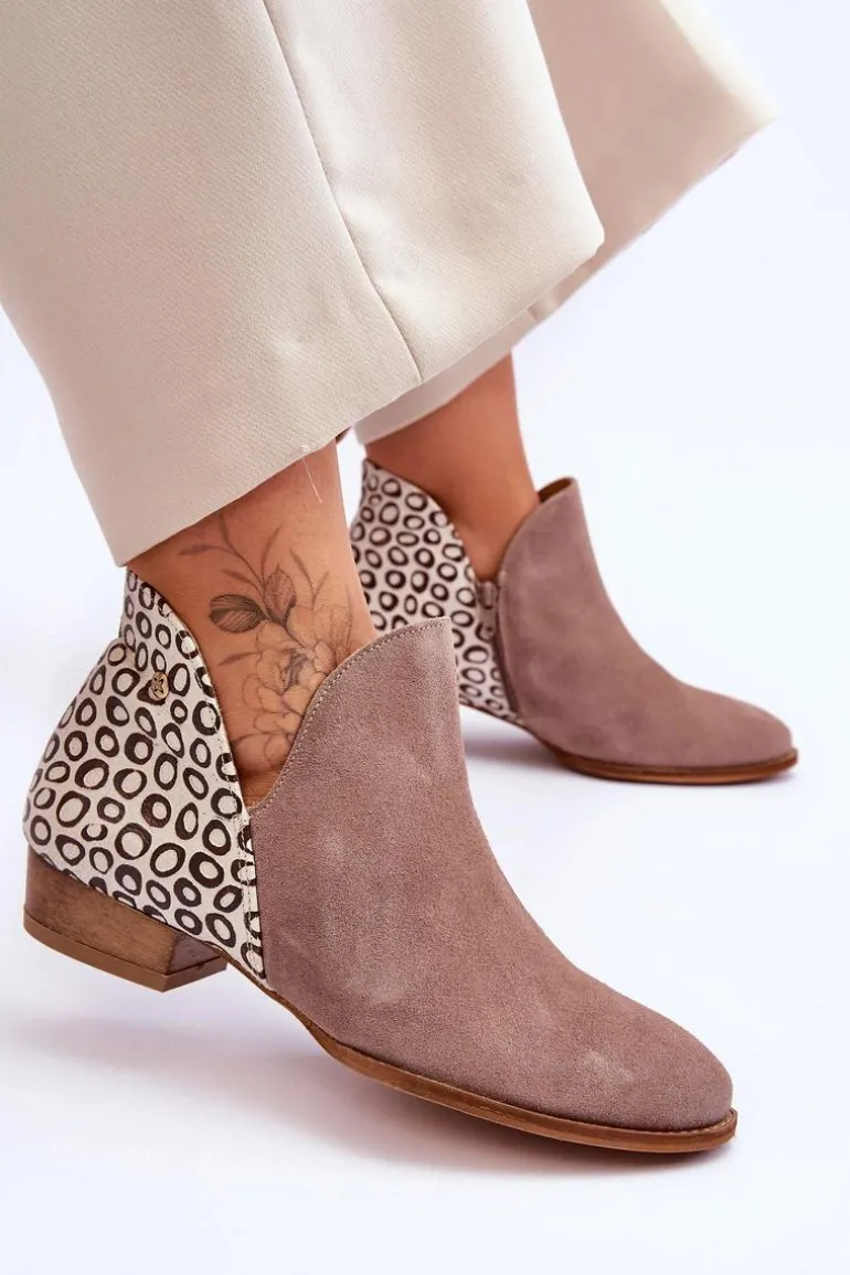 Skórzane Botki Maciejka Z Cętkami 04091-55 Ciemnobeżowe