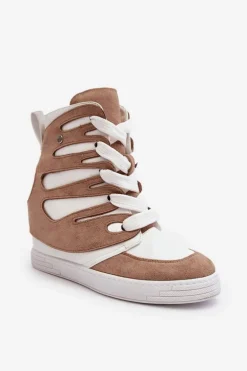 Skórzane Botki Na Koturnie Sznurowane Beżowe Amria