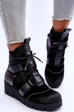 Skórzane Botki Na Koturnie Maciejka 06185-01 Czarne