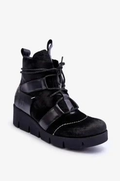 Skórzane Botki Na Koturnie Maciejka 06185-01 Czarne