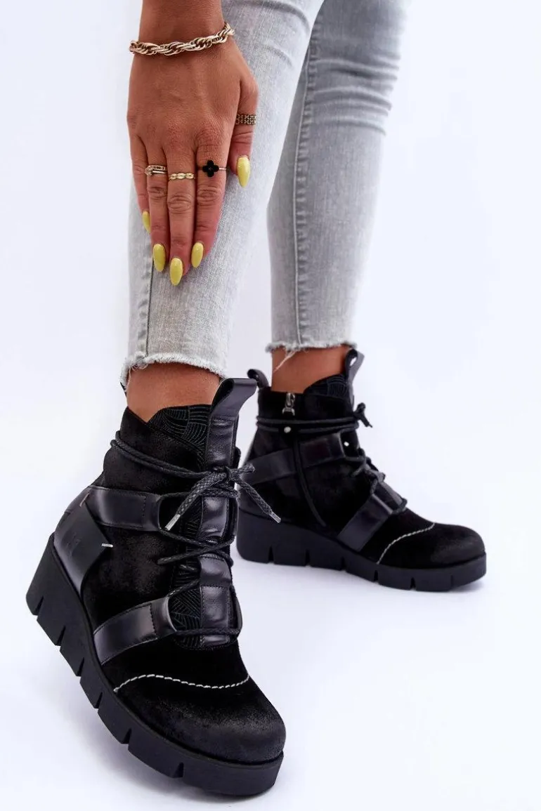 Skórzane Botki Na Koturnie Maciejka 06185-01 Czarne