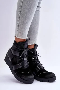 Skórzane Botki Na Koturnie Maciejka 06185-01 Czarne