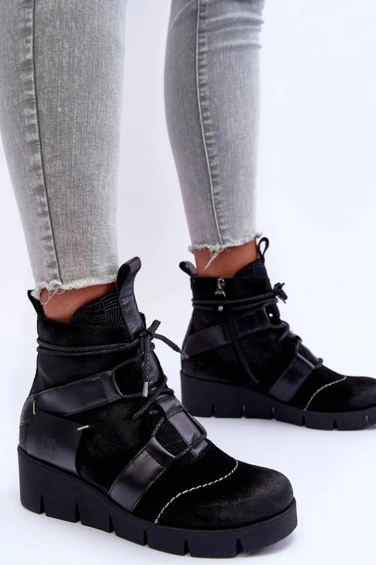 Skórzane Botki Na Koturnie Maciejka 06185-01 Czarne