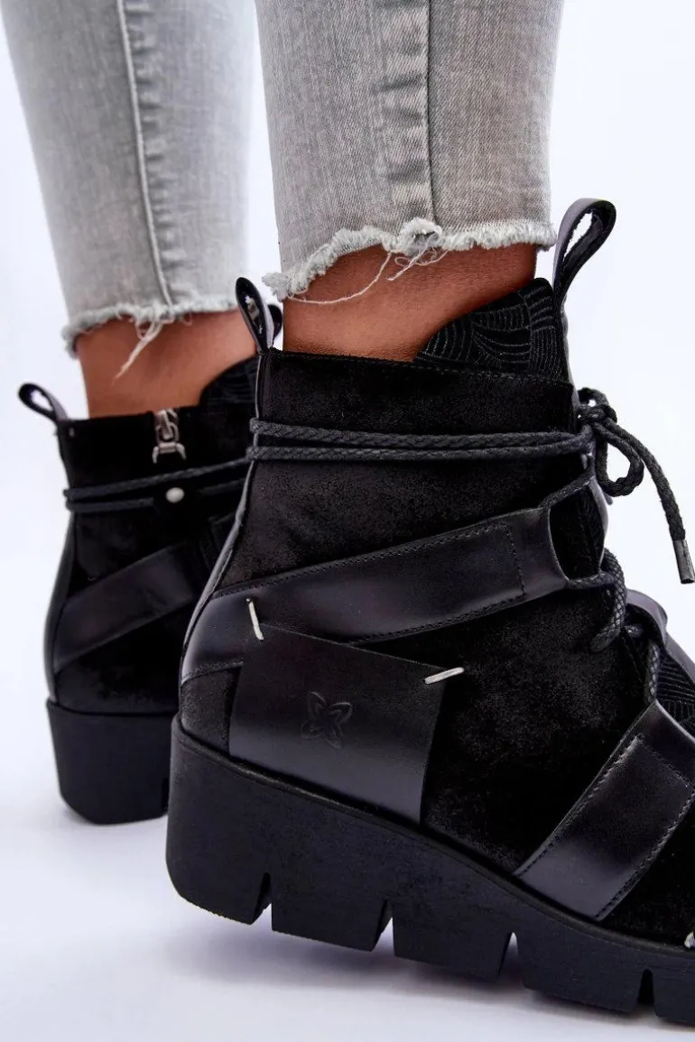 Skórzane Botki Na Koturnie Maciejka 06185-01 Czarne