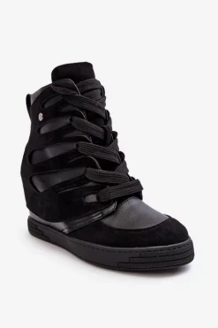 Skórzane Botki Na Koturnie Sznurowane Czarne Amria