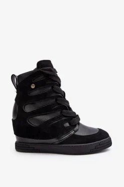 Skórzane Botki Na Koturnie Sznurowane Czarne Amria