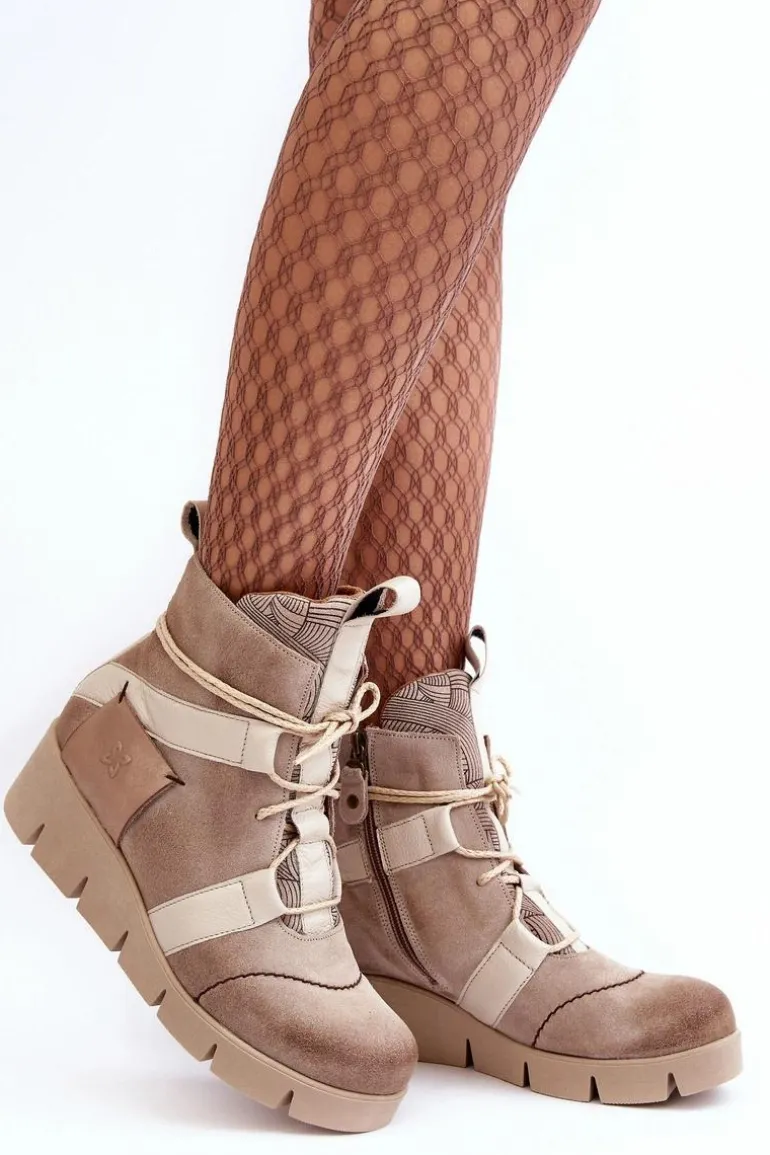 Skórzane Botki Na Koturnie Maciejka 06185-22 Jasnobeżowe