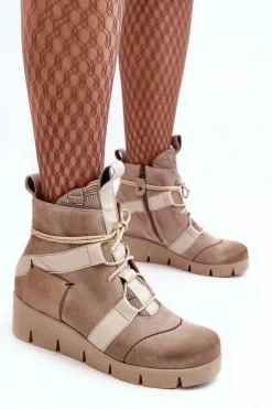 Skórzane Botki Na Koturnie Maciejka 06185-22 Jasnobeżowe