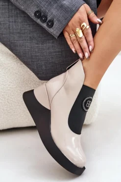 Skórzane Botki Na Koturnie D&A MR880-137 Beżowe