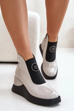 Skórzane Botki Na Koturnie D&A MR880-137 Jasnoszare