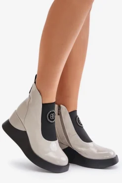 Skórzane Botki Na Koturnie D&A MR880-137 Jasnoszare