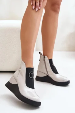 Skórzane Botki Na Koturnie D&A MR880-137 Jasnoszare