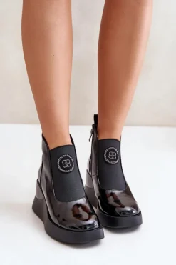 Skórzane Botki Na Koturnie D&A MR880-137 Czarne