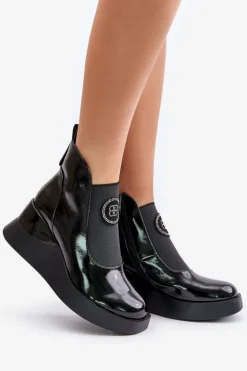 Skórzane Botki Na Koturnie D&A MR880-137 Czarne