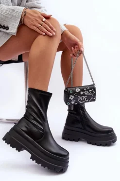 Skórzane Botki Na Masywnej Platformie Czarne Luinai