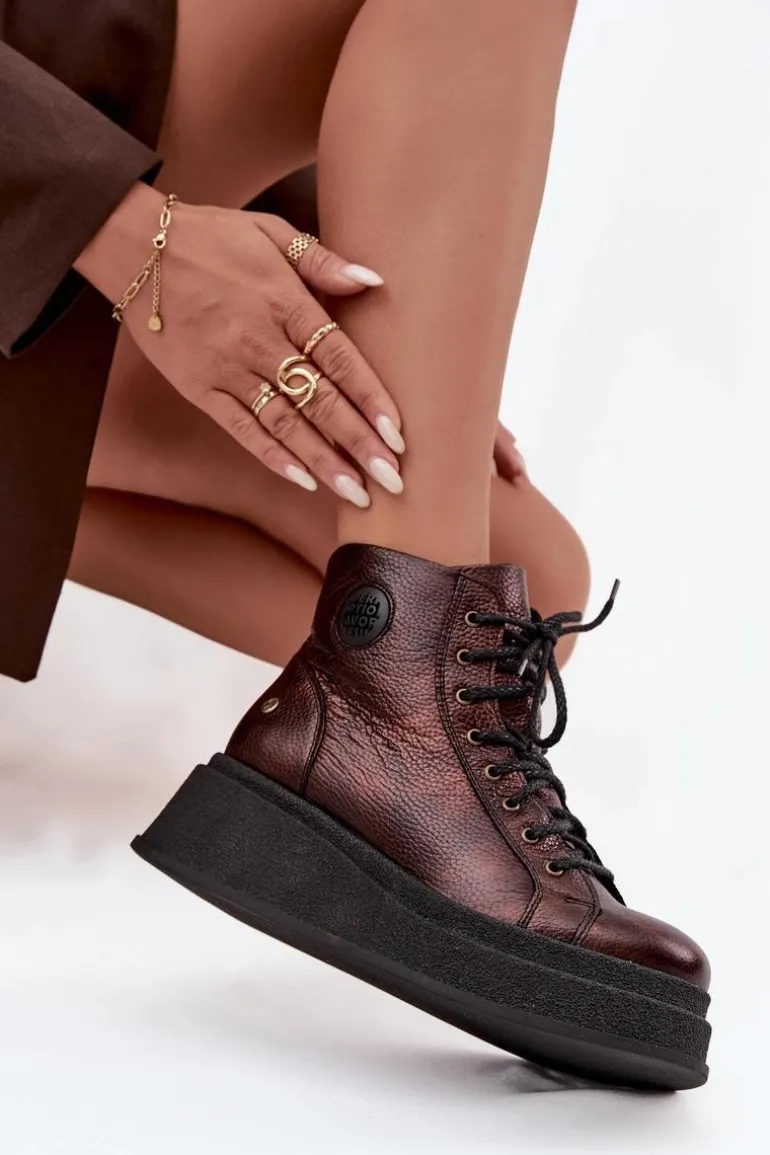 Skórzane Botki Na Masywnej Platformie Maciejka 06309-32 Metaliczny Brąz