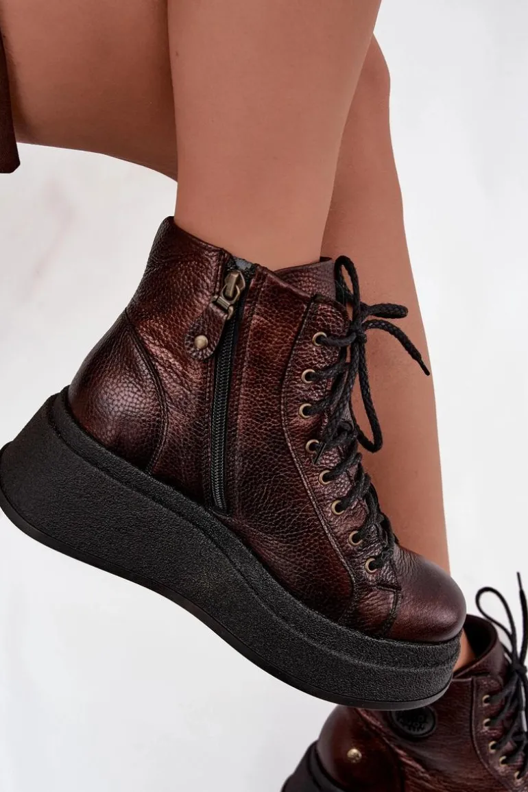 Skórzane Botki Na Masywnej Platformie Maciejka 06309-32 Metaliczny Brąz