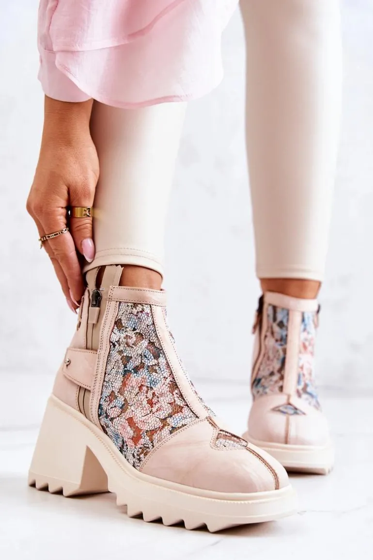 Skórzane Botki Na Masywnym Słupku Maciejka Beżowe 05325-04