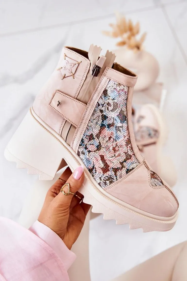 Skórzane Botki Na Masywnym Słupku Maciejka Beżowe 05325-04