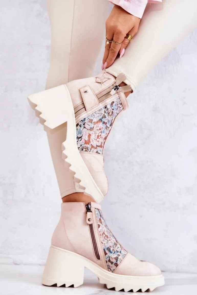 Skórzane Botki Na Masywnym Słupku Maciejka Beżowe 05325-04