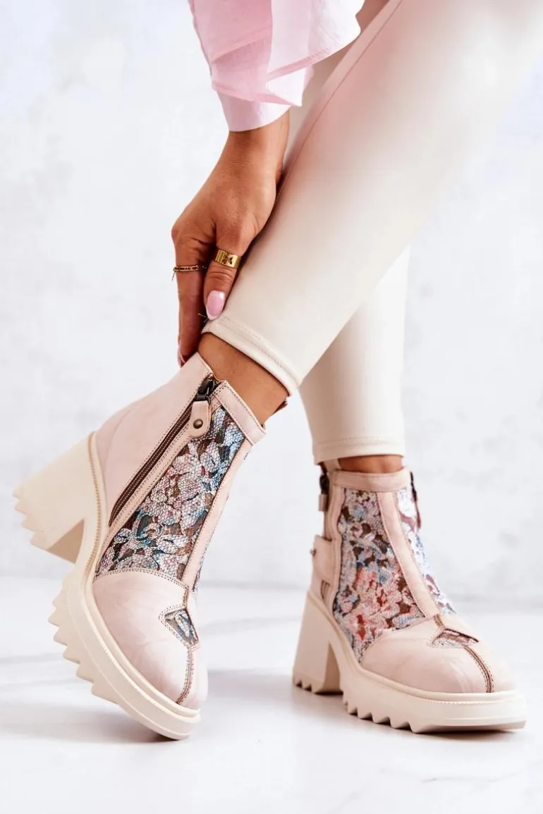 Skórzane Botki Na Masywnym Słupku Maciejka Beżowe 05325-04