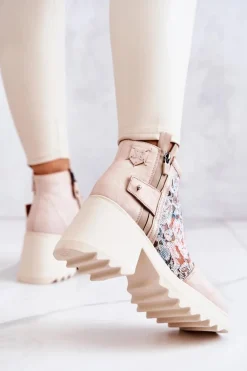 Skórzane Botki Na Masywnym Słupku Maciejka Beżowe 05325-04