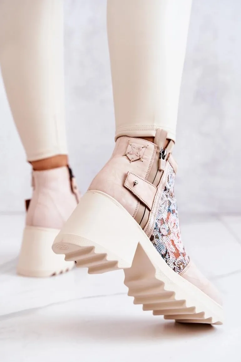 Skórzane Botki Na Masywnym Słupku Maciejka Beżowe 05325-04