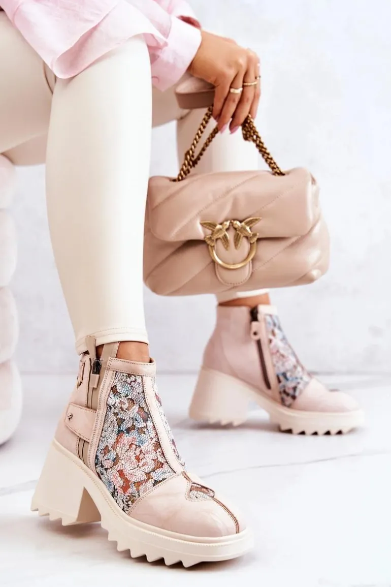 Skórzane Botki Na Masywnym Słupku Maciejka Beżowe 05325-04