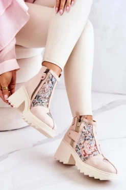 Skórzane Botki Na Masywnym Słupku Maciejka Beżowe 05325-04