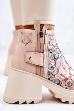 Skórzane Botki Na Masywnym Słupku Maciejka Beżowe 05325-04