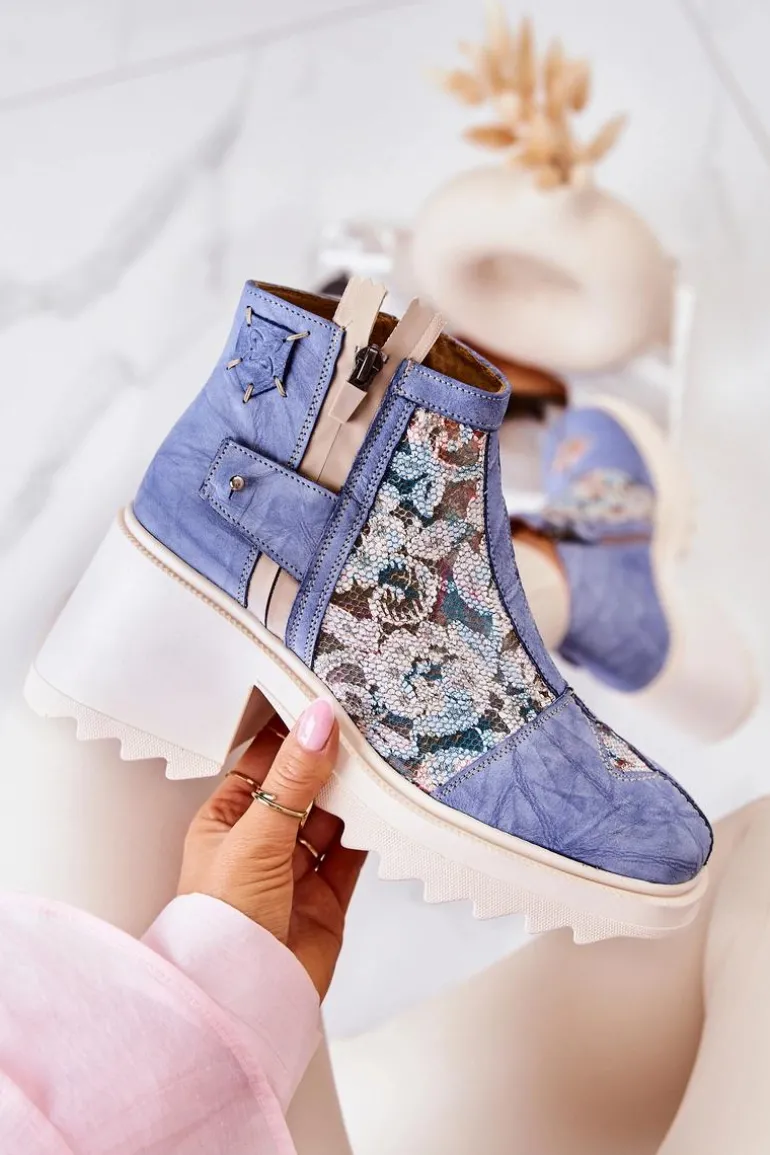 Skórzane Botki Na Masywnym Słupku Maciejka Niebieskie 05325-06