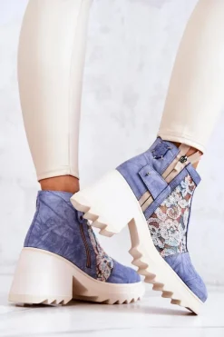 Skórzane Botki Na Masywnym Słupku Maciejka Niebieskie 05325-06