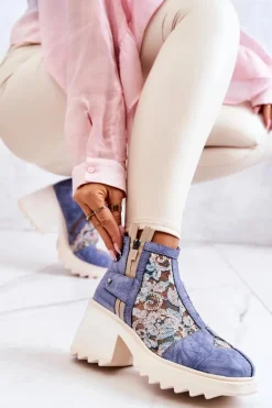 Skórzane Botki Na Masywnym Słupku Maciejka Niebieskie 05325-06