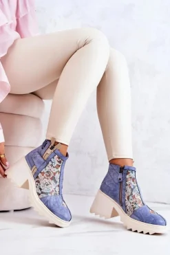 Skórzane Botki Na Masywnym Słupku Maciejka Niebieskie 05325-06