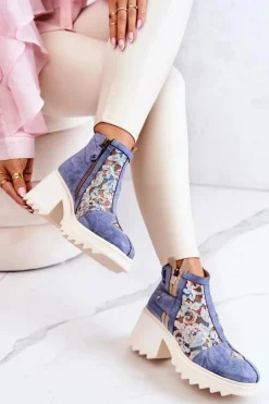 Skórzane Botki Na Masywnym Słupku Maciejka Niebieskie 05325-06