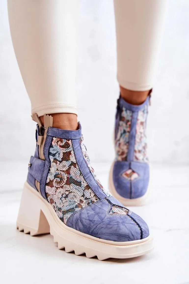 Skórzane Botki Na Masywnym Słupku Maciejka Niebieskie 05325-06
