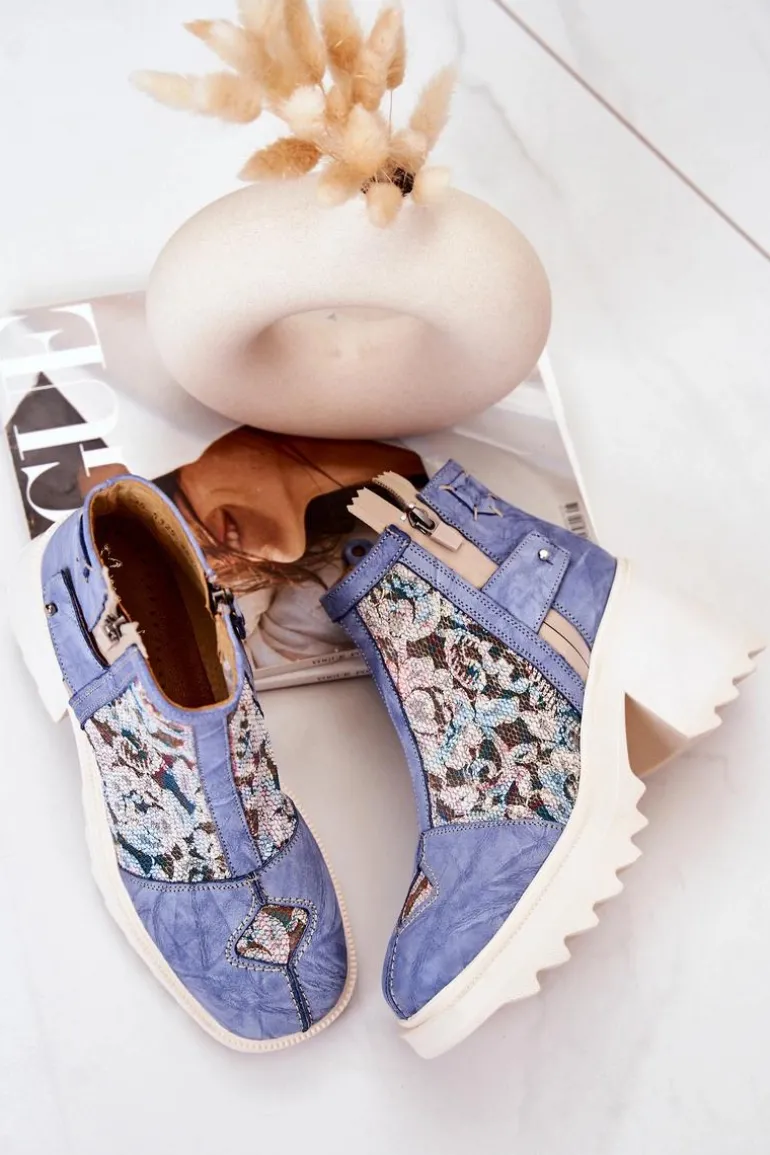 Skórzane Botki Na Masywnym Słupku Maciejka Niebieskie 05325-06