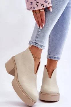 Skórzane Botki Na Masywnym Obcasie Nicole 2795/054 Jasnobeżowe