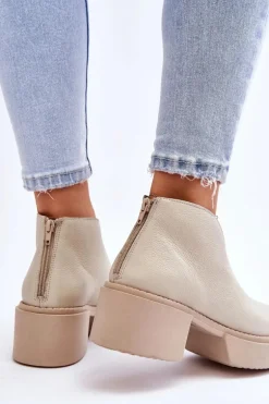 Skórzane Botki Na Masywnym Obcasie Nicole 2795/054 Jasnobeżowe