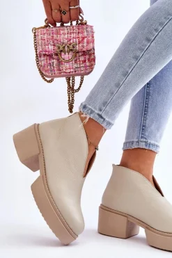 Skórzane Botki Na Masywnym Obcasie Nicole 2795/054 Jasnobeżowe