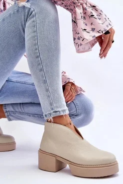 Skórzane Botki Na Masywnym Obcasie Nicole 2795/054 Jasnobeżowe