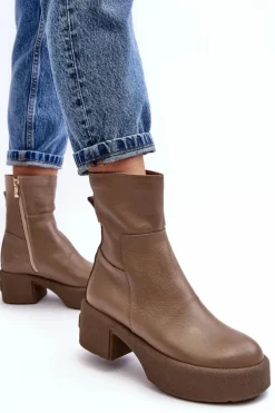 Skórzane Botki Na Niskim Obcasie Ciemnobeżowe Lemar Volavola