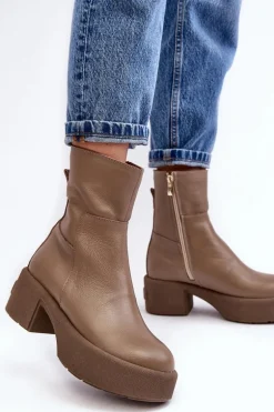 Skórzane Botki Na Niskim Obcasie Ciemnobeżowe Lemar Volavola