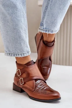 Skórzane Botki Na Niskim Obcasie Z Klamrami Maciejka 06696-02 Brązowe