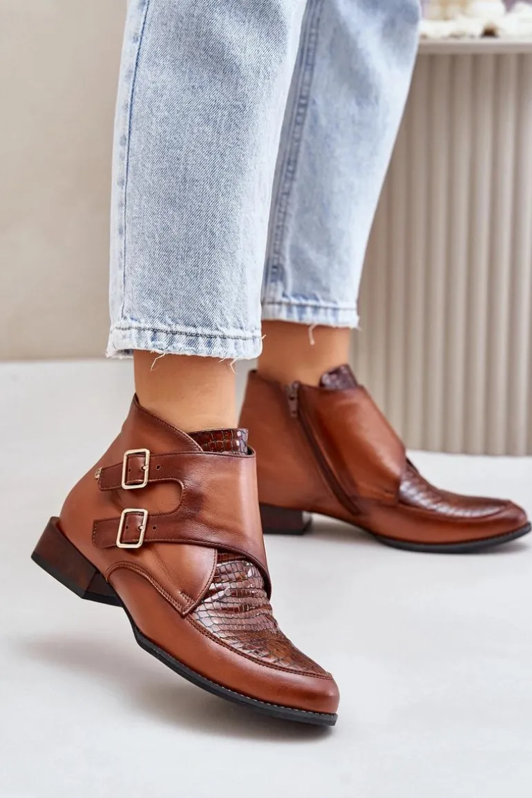 Skórzane Botki Na Niskim Obcasie Z Klamrami Maciejka 06696-02 Brązowe